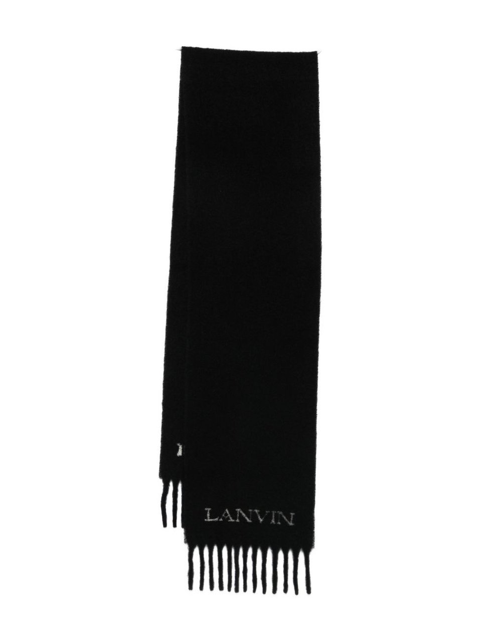 Lanvin Fringed Black Scarf With Embroidered Logo Detail Zwart