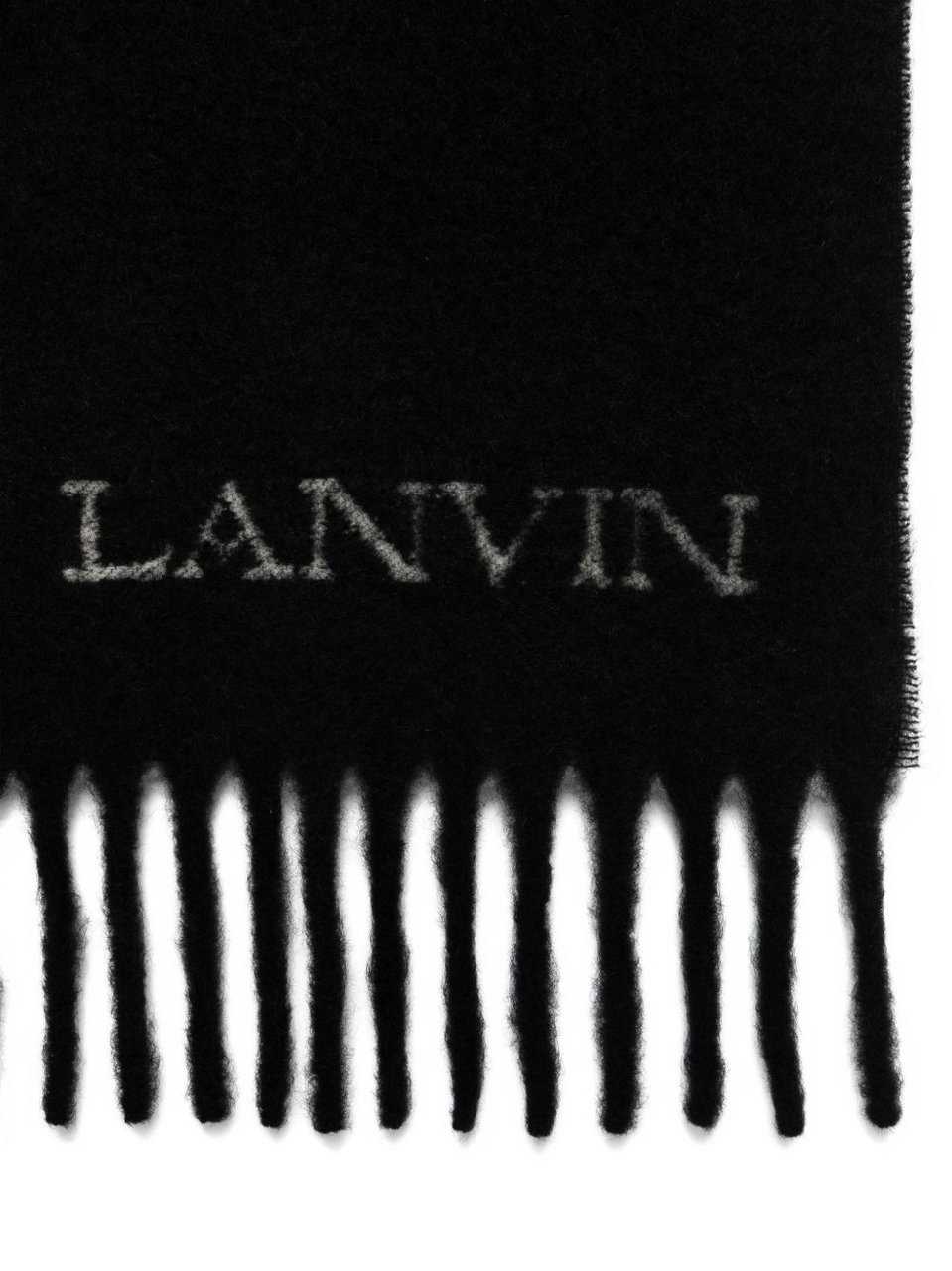 Lanvin Fringed Black Scarf With Embroidered Logo Detail Zwart