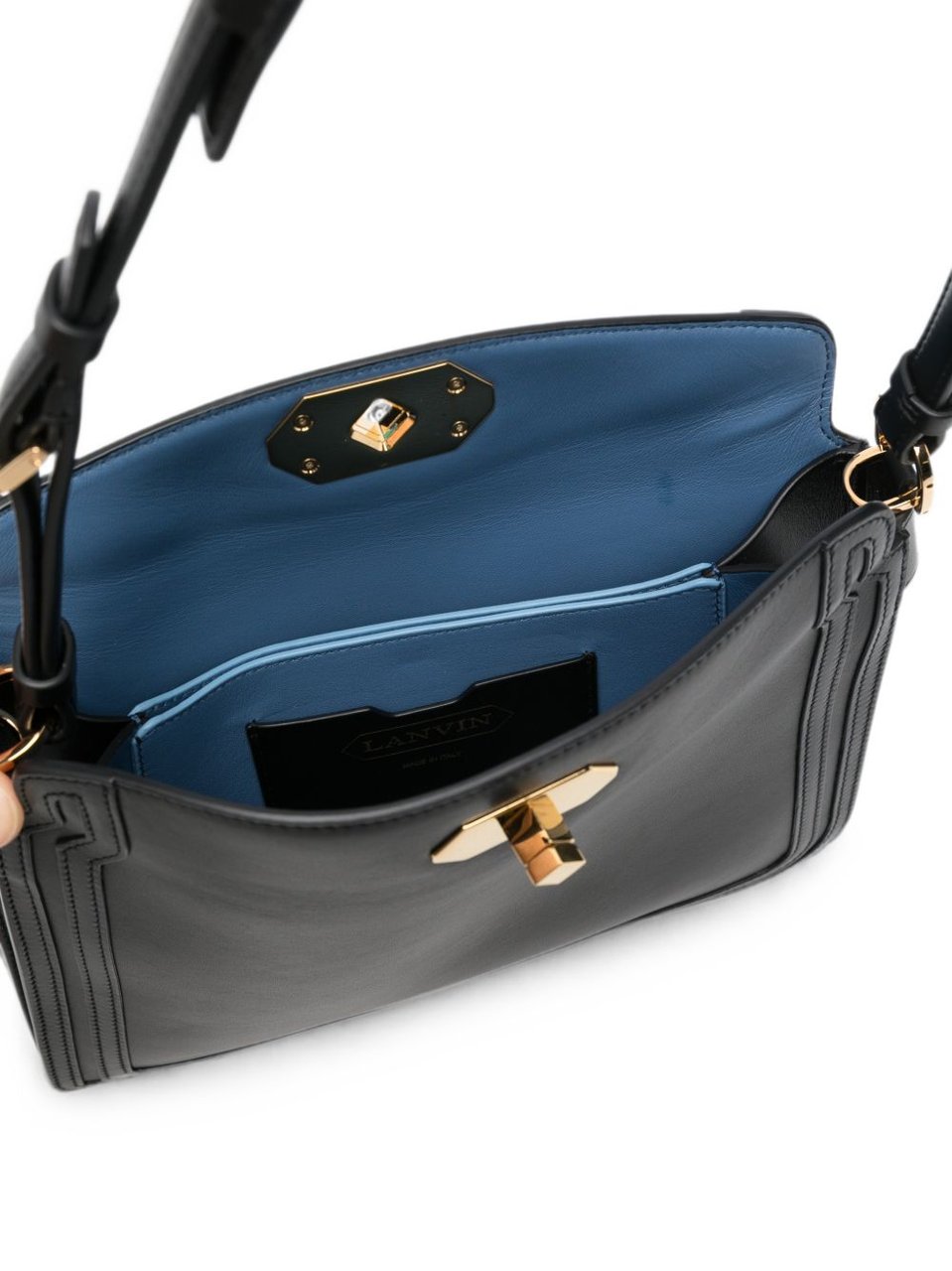 Lanvin Structured Black Leather Shoulder Bag with Logo Plaque Zwart