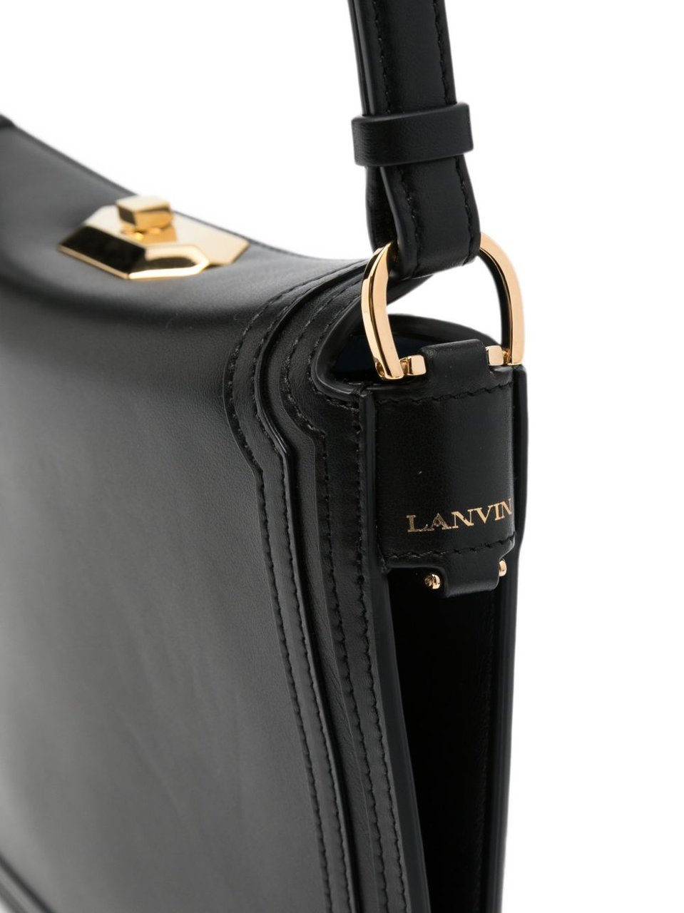 Lanvin Structured Black Leather Shoulder Bag with Logo Plaque Zwart