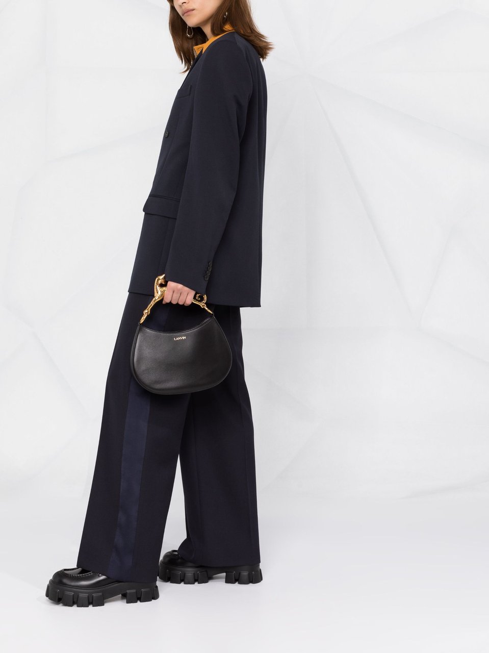 Lanvin Calf Leather Cat Handle Crescent Hobo Bag Zwart