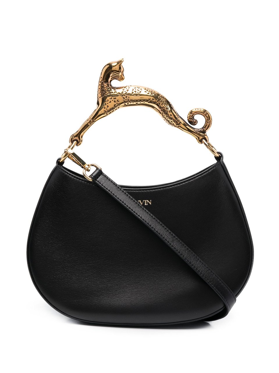 Lanvin Calf Leather Cat Handle Crescent Hobo Bag Zwart