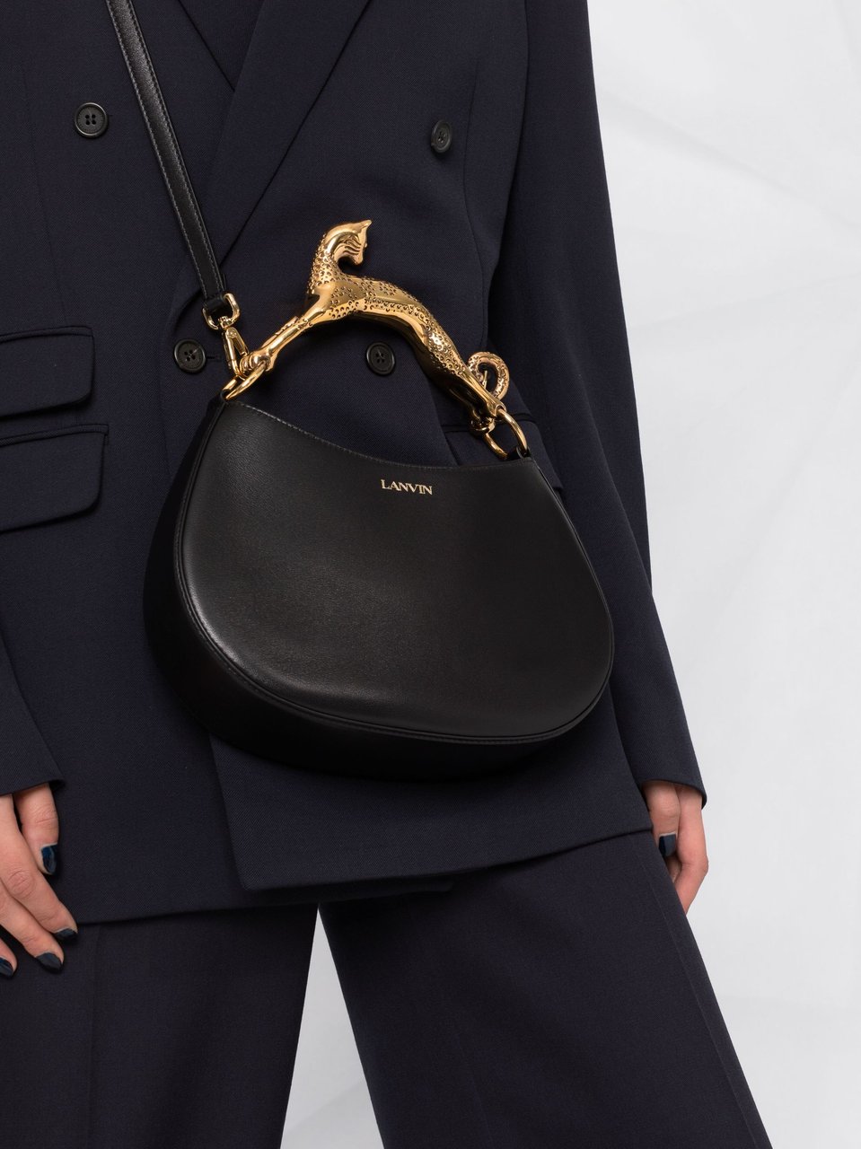 Lanvin Calf Leather Cat Handle Crescent Hobo Bag Zwart