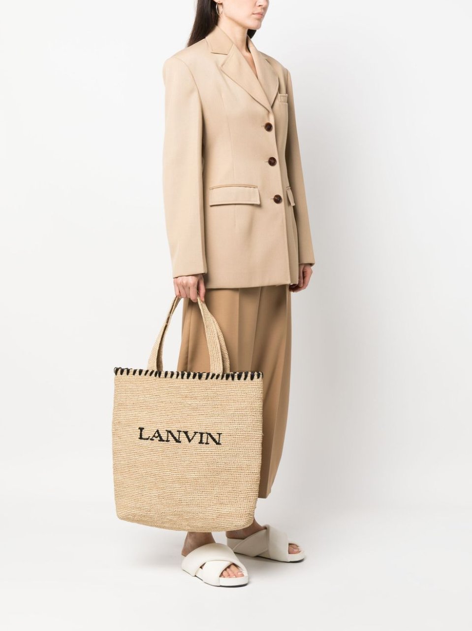 Lanvin Embroidered Raffia Tote Bag Neutraal