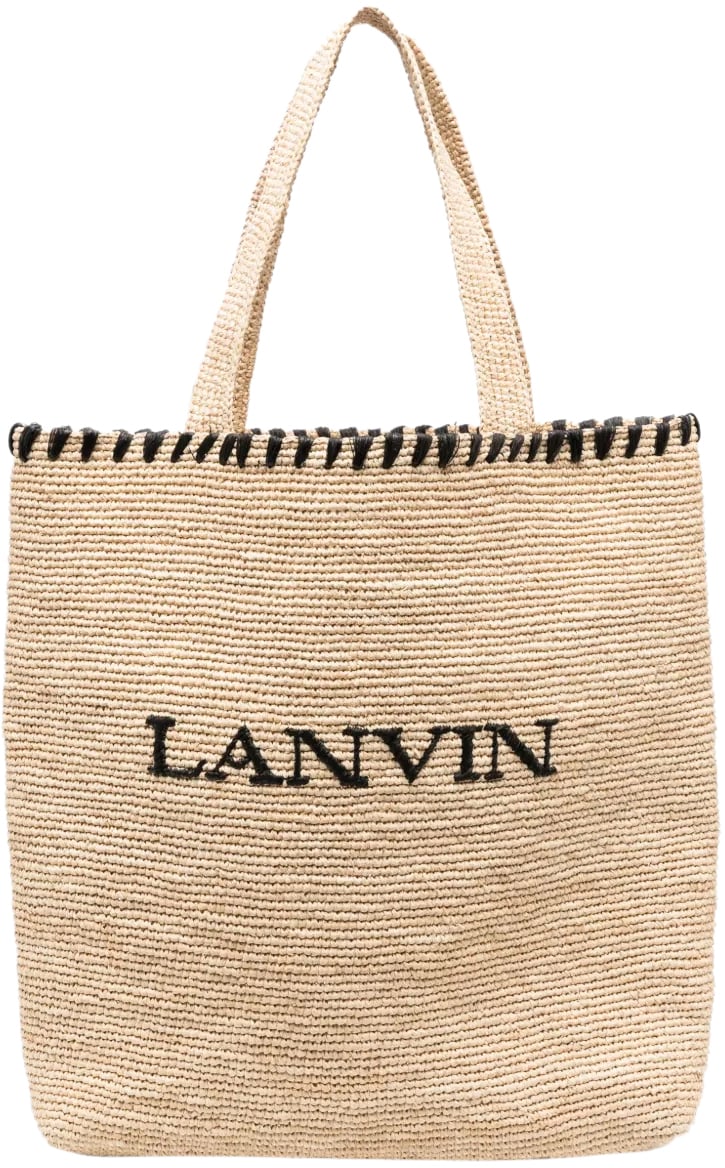 Lanvin Embroidered Logo Raffia Tote Bag Beige