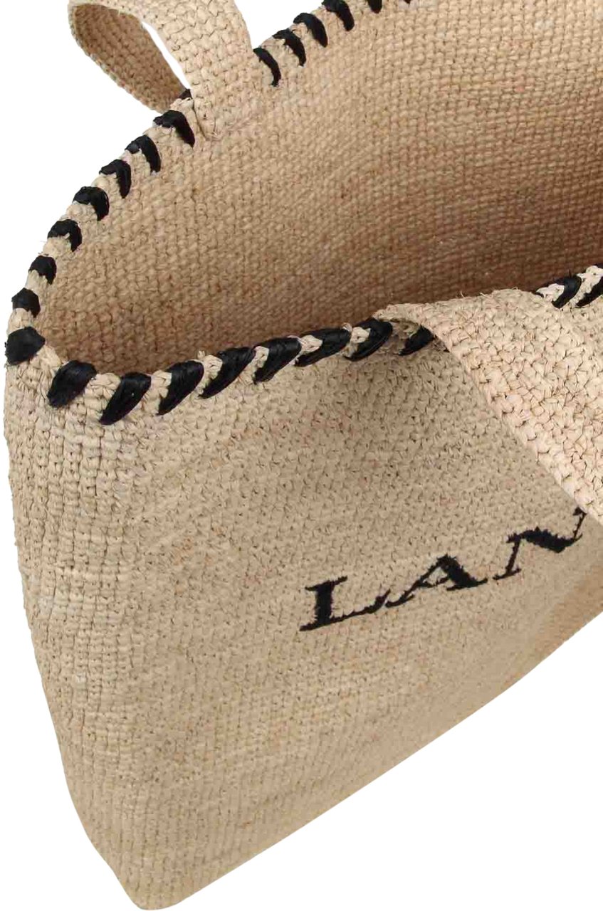 Lanvin Embroidered Logo Raffia Tote Bag Beige