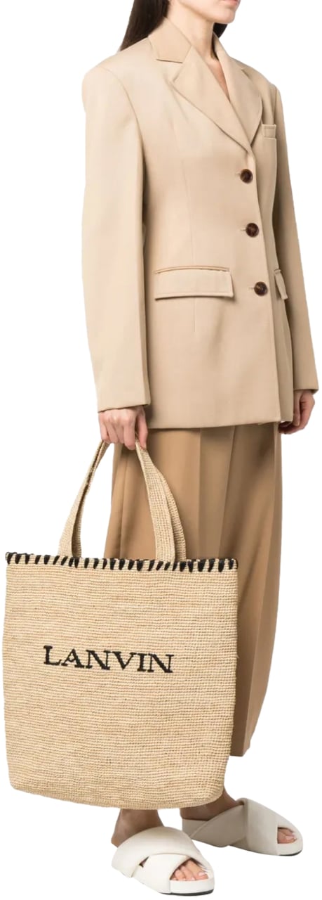 Lanvin Embroidered Logo Raffia Tote Bag Beige