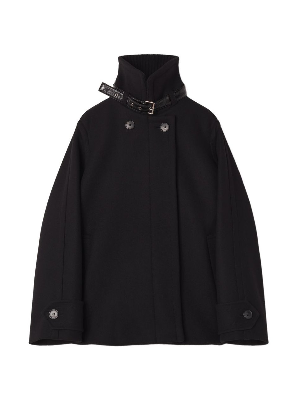 Lanvin Structured Short Coat with Ribbed Collar and Buckle Detail Zwart