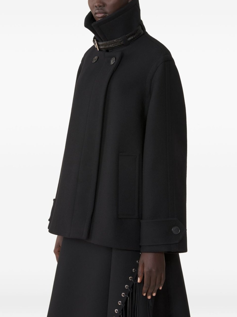 Lanvin Structured Short Coat with Ribbed Collar and Buckle Detail Zwart
