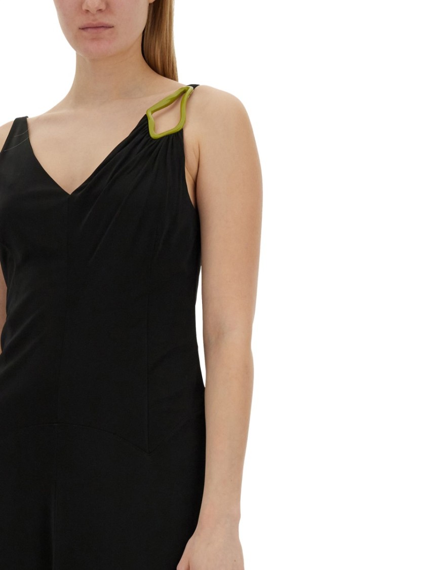 Lanvin Black Midi Dress With Asymmetrical Shoulder Detail Zwart