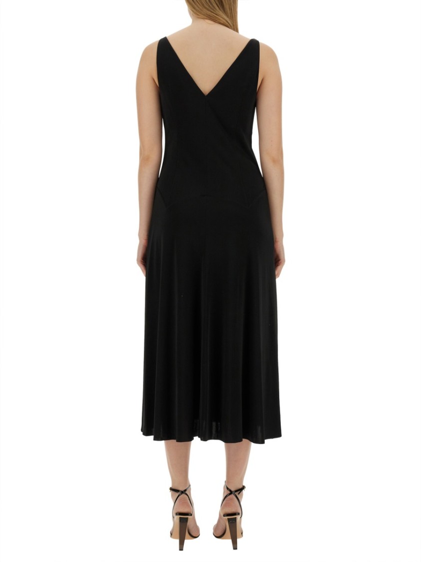 Lanvin Black Midi Dress With Asymmetrical Shoulder Detail Zwart