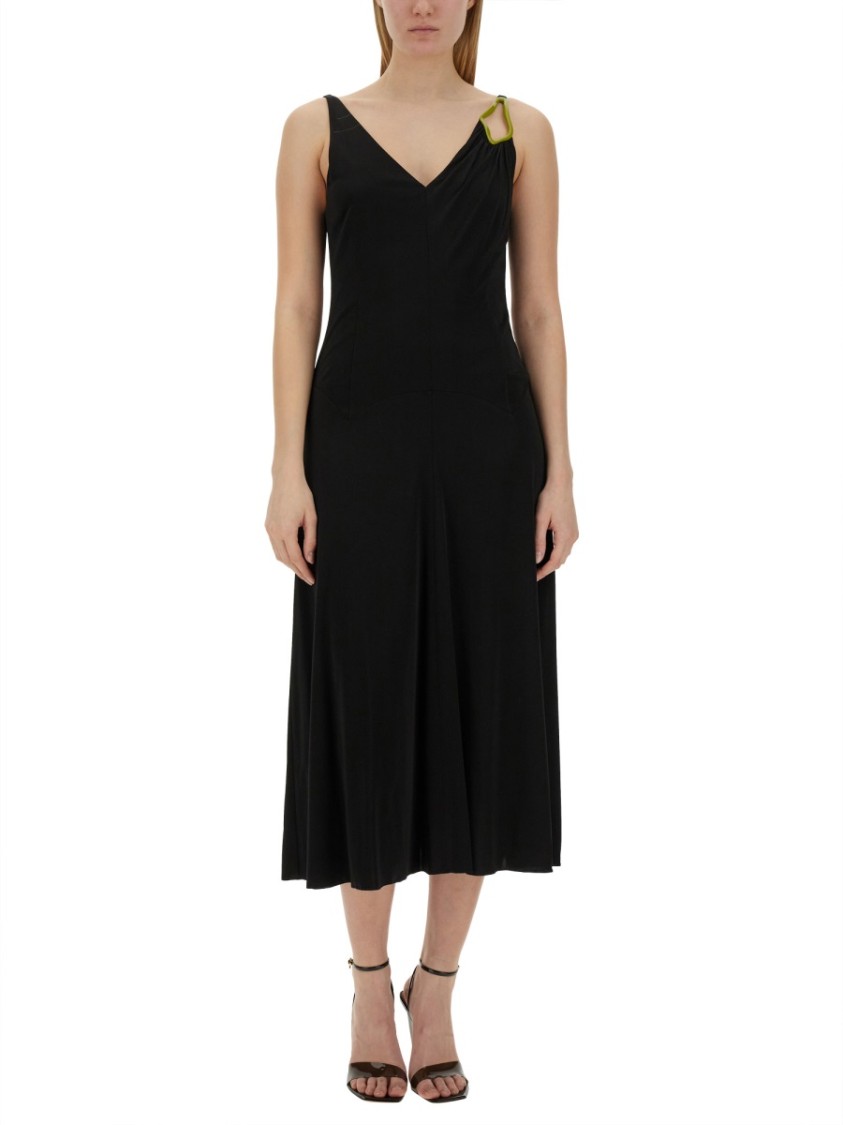 Lanvin Black Midi Dress With Asymmetrical Shoulder Detail Zwart
