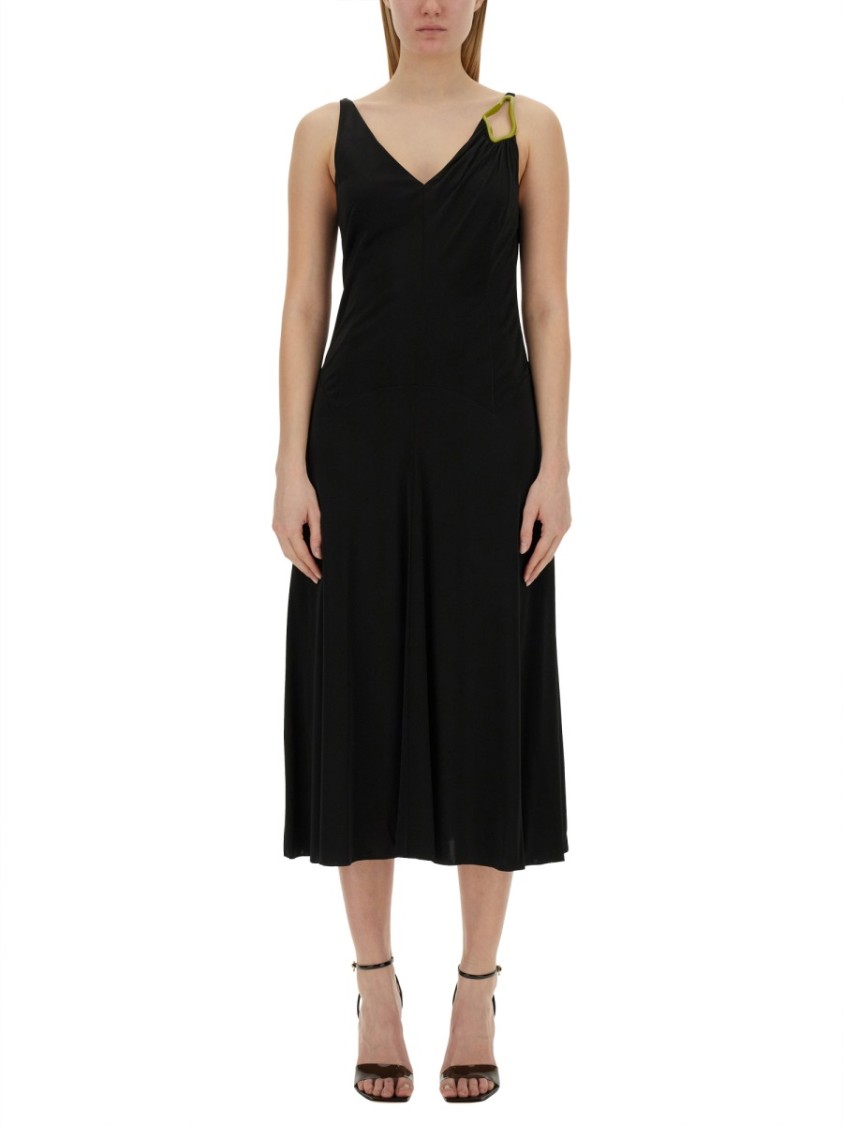 Lanvin Black Midi Dress With Asymmetrical Shoulder Detail Zwart