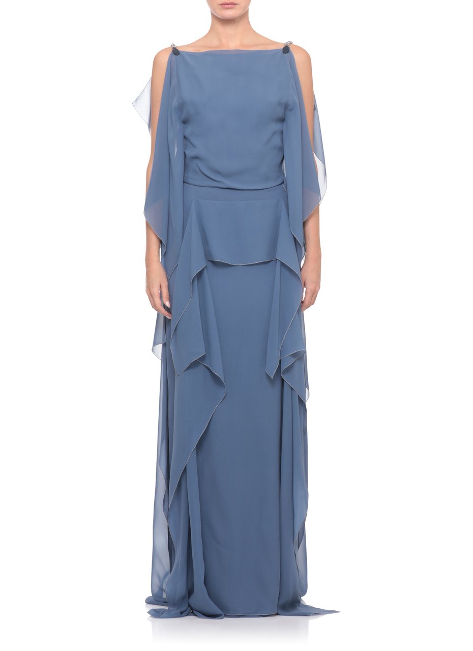 Lanvin Draped Silk Evening Dress With Metal Shoulder Straps Blauw