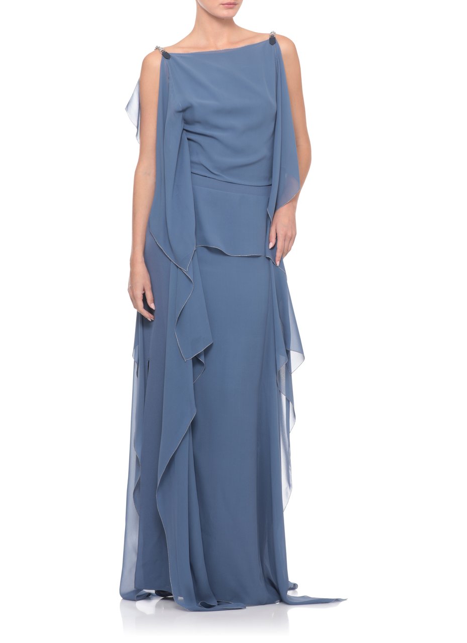 Lanvin Draped Silk Evening Dress With Metal Shoulder Straps Blauw