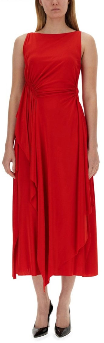 Lanvin Draped Red Midi Dress With Flattering Silhouette Rood