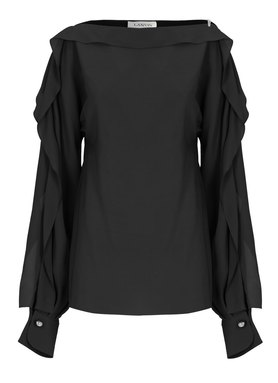 Lanvin Black Haut Silk Volant Long-Sleeved Top Zwart