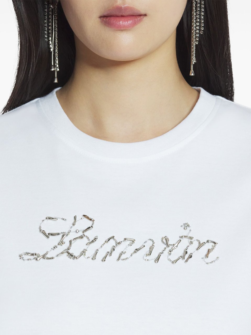 Lanvin White Embroidered Script Logo Sequin T-Shirt Wit