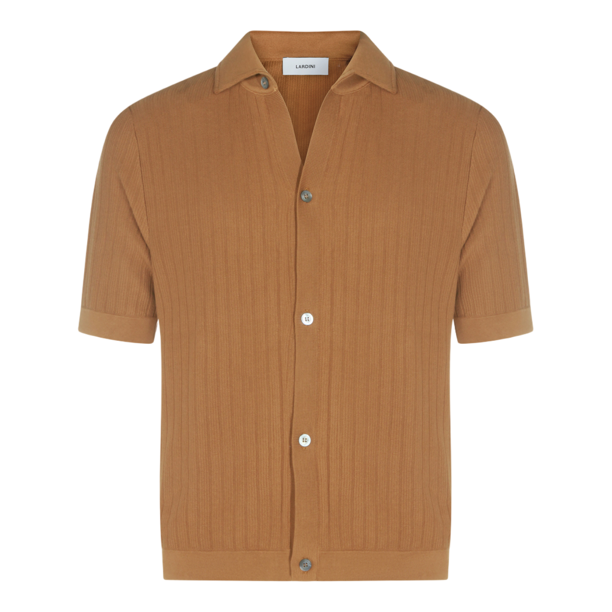 Lardini Short-Sleeve Ribbed Knit Shirt with Button-Down Front Bruin