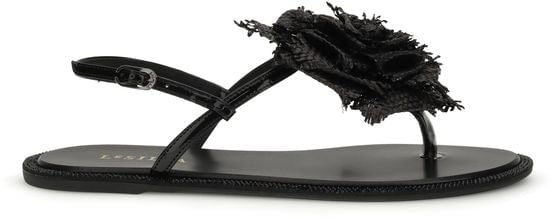 LE SILLA Black Calf Leather Bos Taurus Flat Sandals Zwart