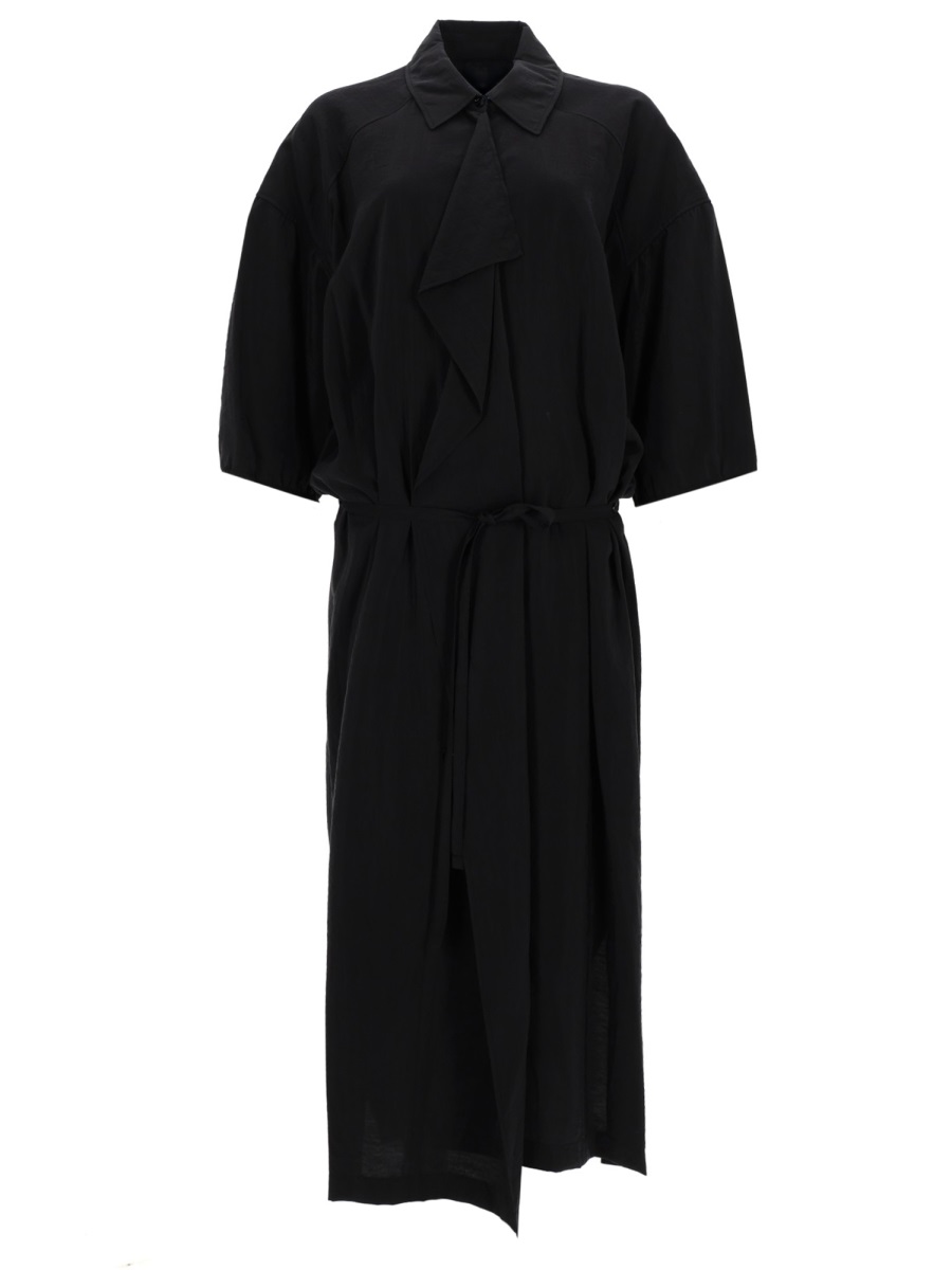 Lemaire Neutrals Belted Draped Neckline Silk Midi Dress Zwart