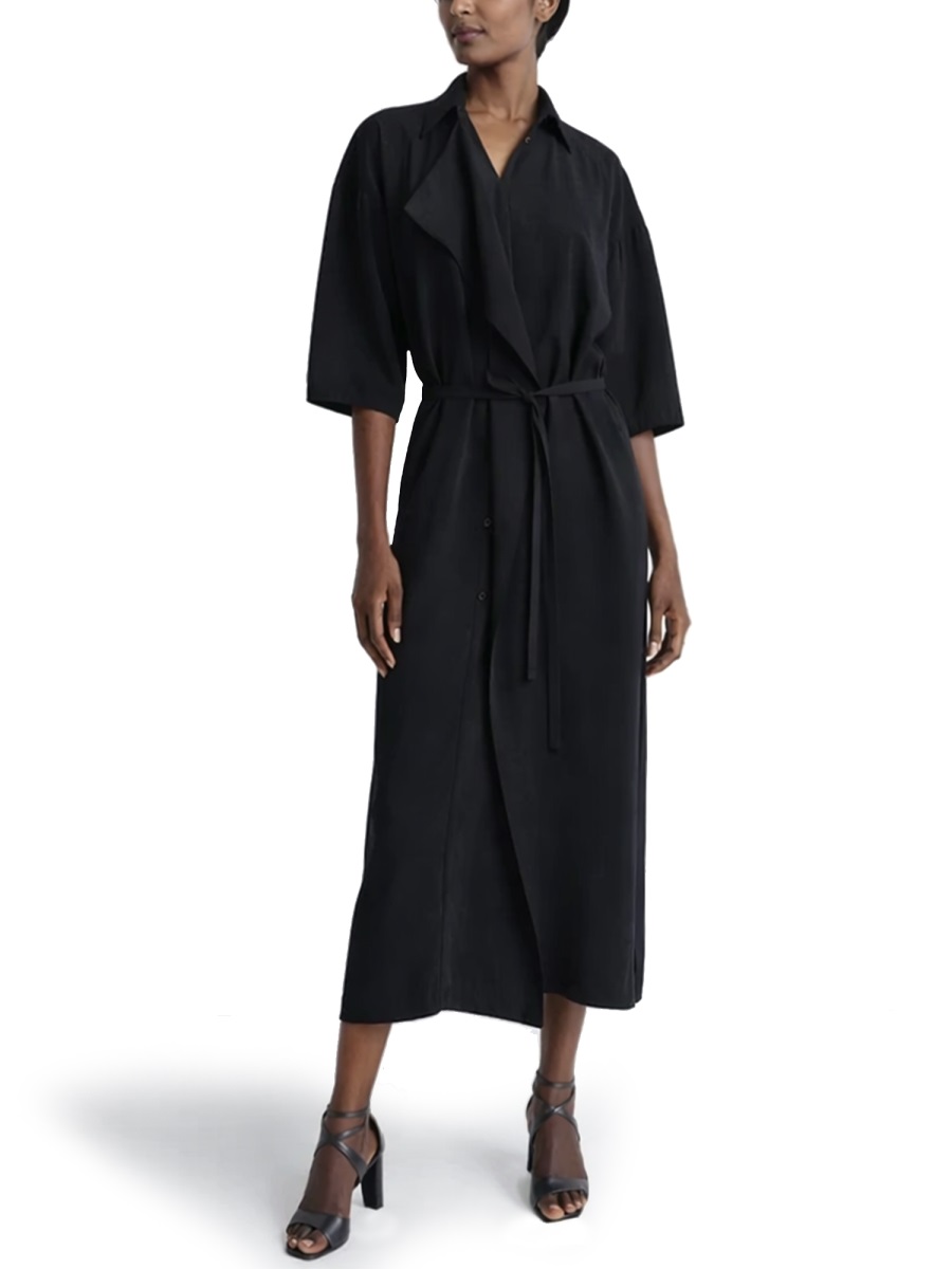 Lemaire Neutrals Belted Draped Neckline Silk Midi Dress Zwart