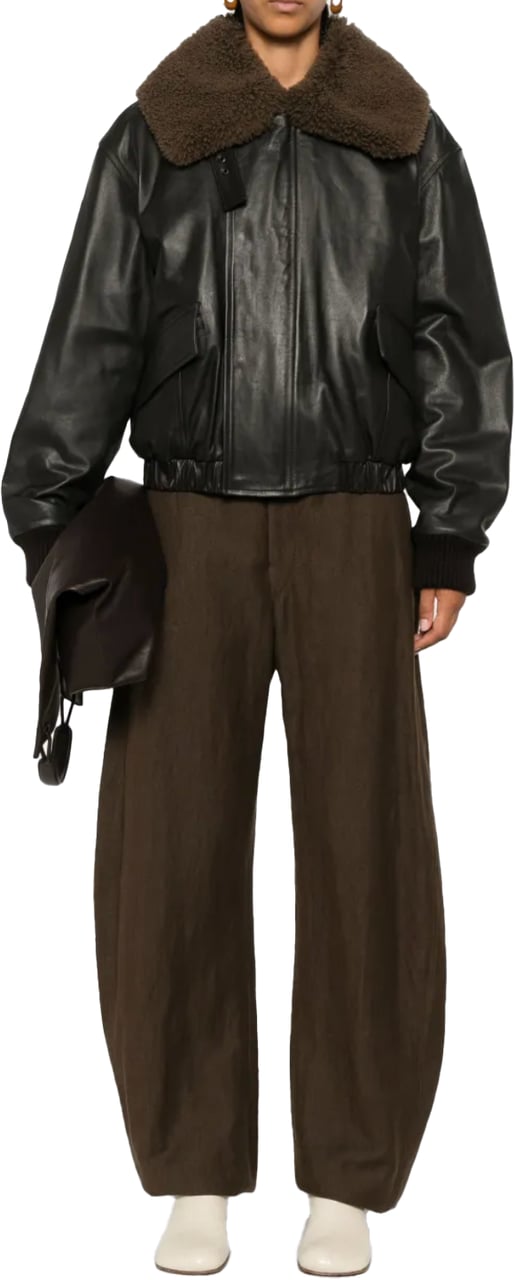 Lemaire Leather Blouson With Shearling Collar Dark Espresso Bruin