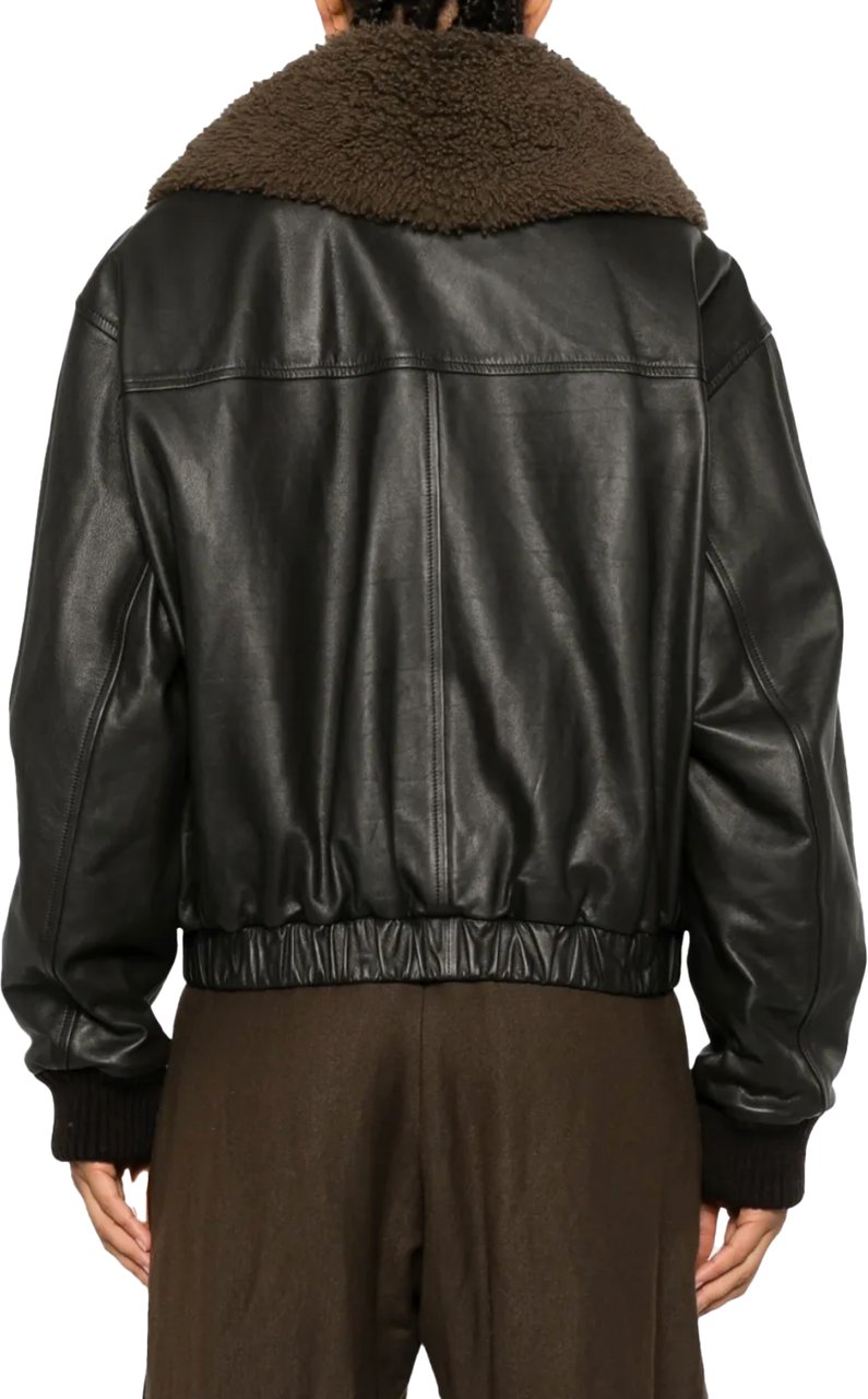 Lemaire Leather Blouson With Shearling Collar Dark Espresso Bruin