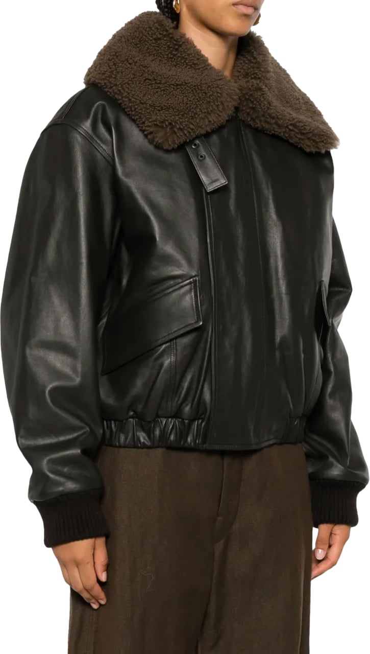 Lemaire Leather Blouson With Shearling Collar Dark Espresso Bruin