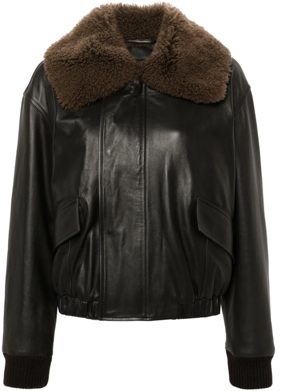 Lemaire Leather Blouson With Shearling Collar Dark Espresso Bruin
