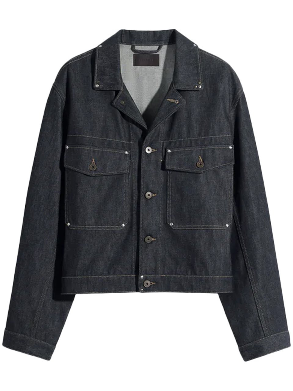 Lemaire Black Cropped Denim Trucker Jacket with Stud Details Zwart