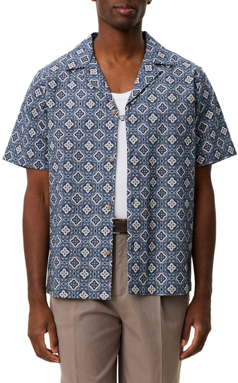 Les Deux Camicia Ss Lukas Arabesque Aop Blu Fog Blauw