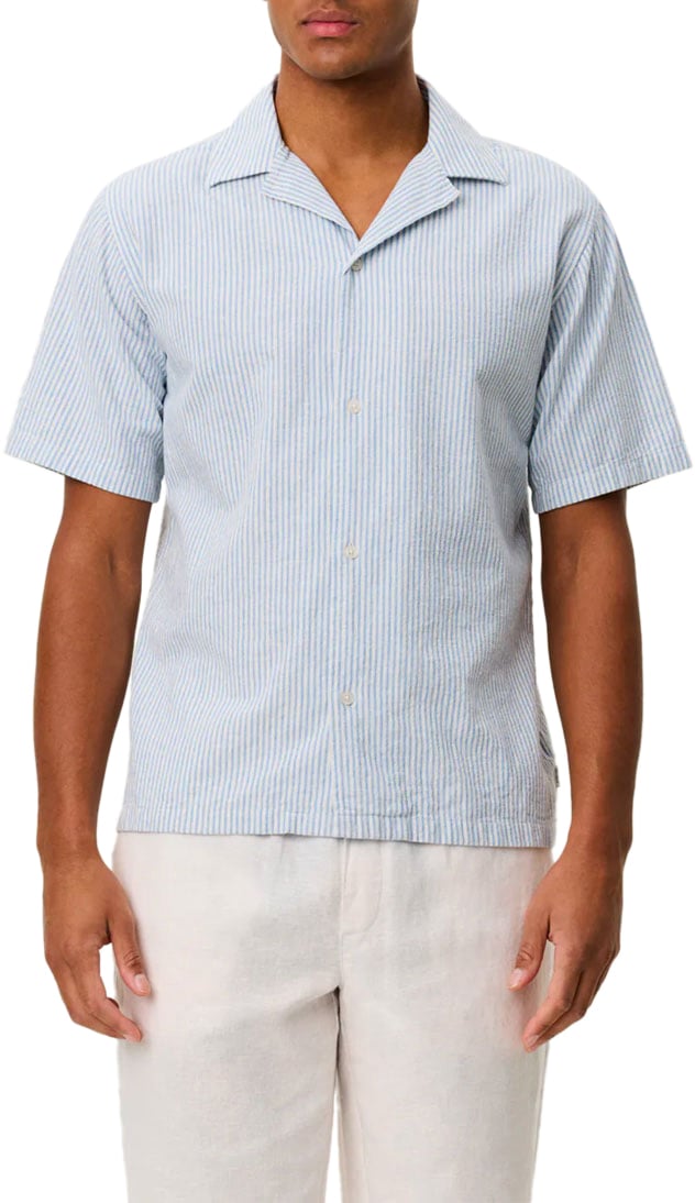 Les Deux chemise beu raye rayure blanc manche courte Blauw