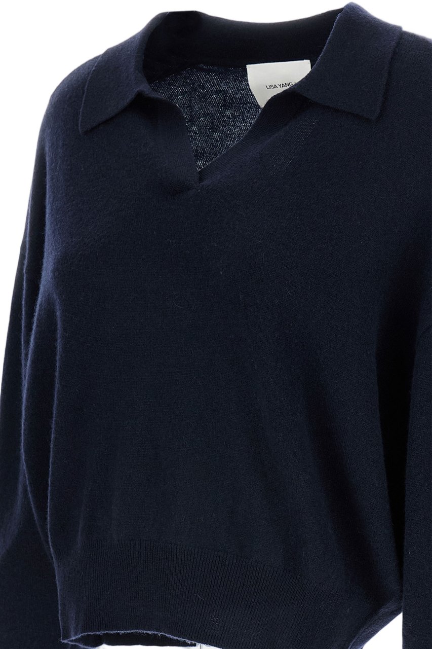 Lisa Yang Mid-Weight Pure Cashmere Polo Sweater with Ribbed Trims Blauw