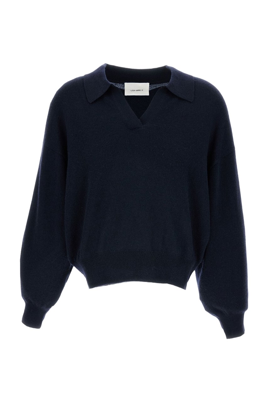 Lisa Yang Mid-Weight Pure Cashmere Polo Sweater with Ribbed Trims Blauw