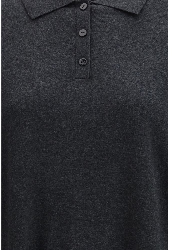 Lisa Yang Polo Collar Cotton Blend Sweater with Ribbed Trim Zwart