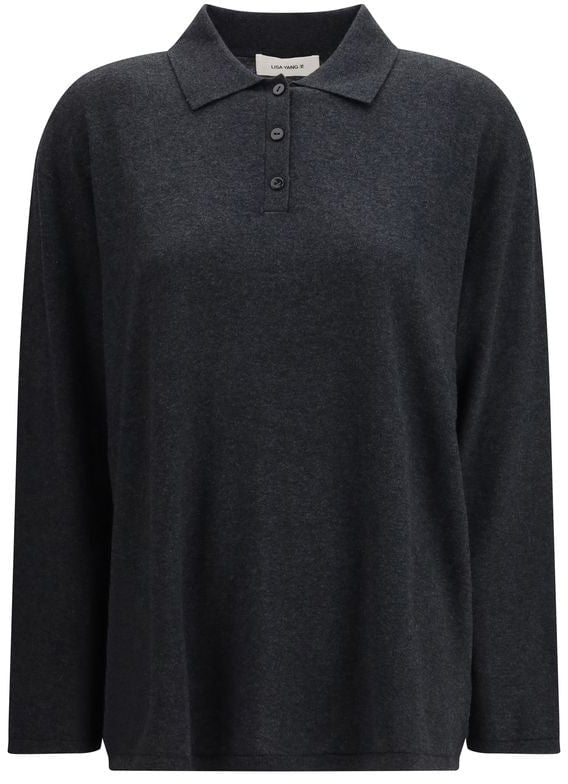 Lisa Yang Polo Collar Cotton Blend Sweater with Ribbed Trim Zwart