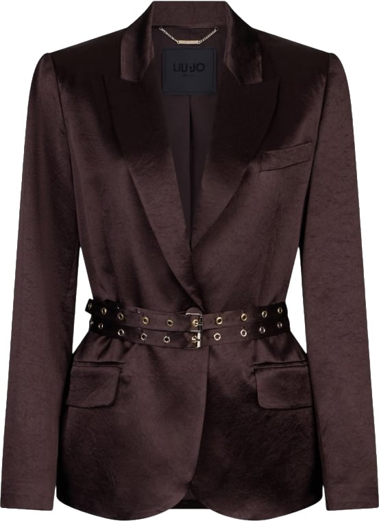 Liu Jo Crinkled Satin Belted Blazer Jacket Zwart