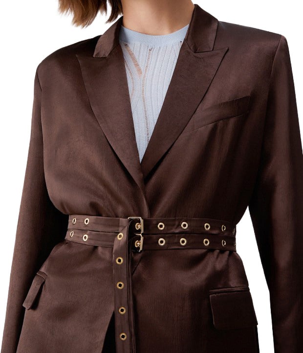 Liu Jo Crinkled Satin Belted Blazer Jacket Zwart