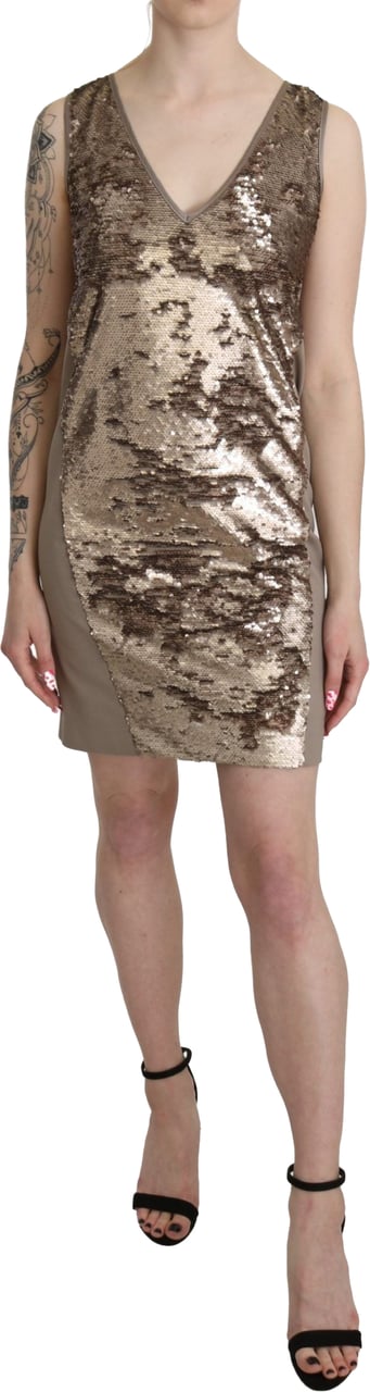 Liu Jo Brown Sequined V-neck Sleeveless Sheath Mini Dress Bruin