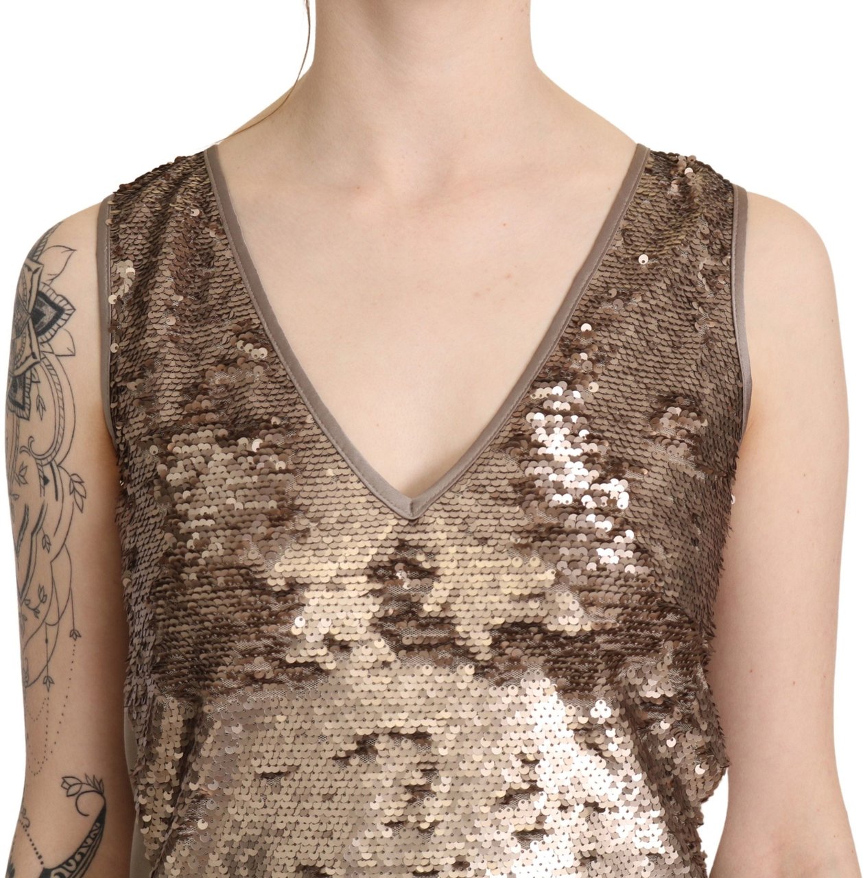 Liu Jo Brown Sequined V-neck Sleeveless Sheath Mini Dress Bruin