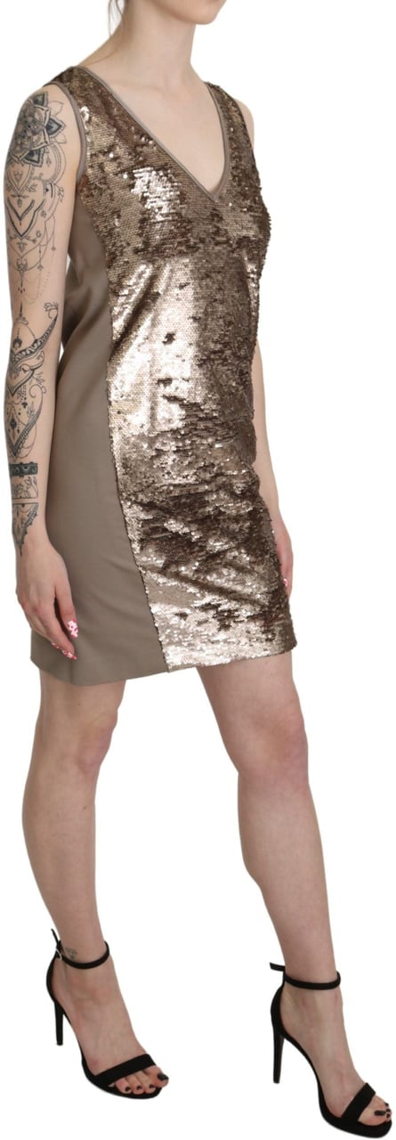 Liu Jo Brown Sequined V-neck Sleeveless Sheath Mini Dress Bruin