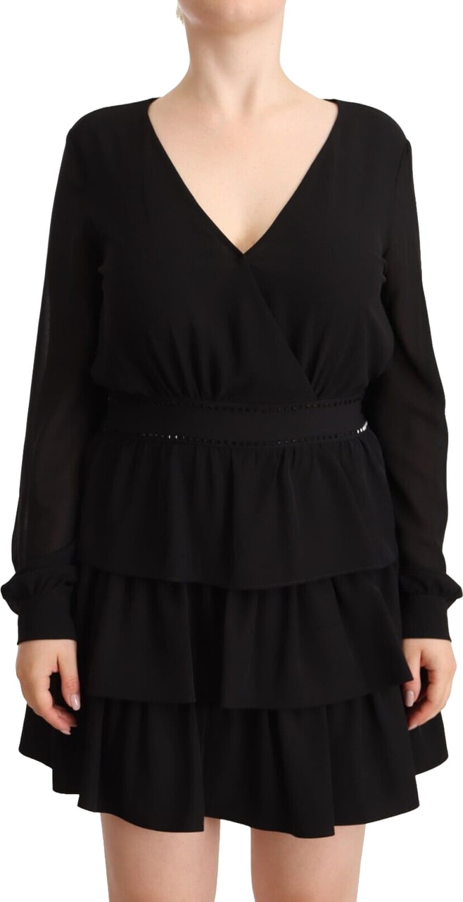 Liu Jo Black Polyester Long Sleeves V-neck Mini A-line Dress Zwart