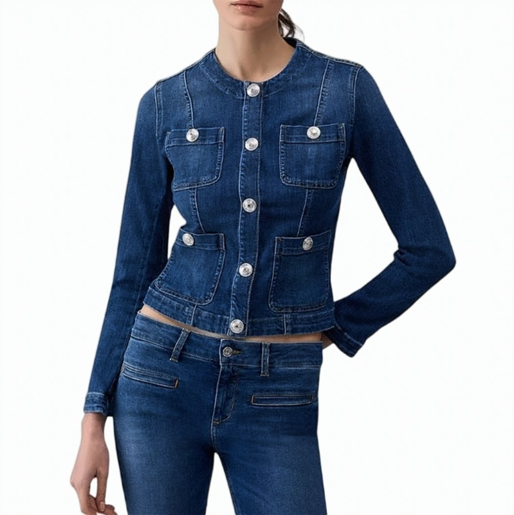 Liu Jo Faded Denim Mandarin Collar Jacket Blauw