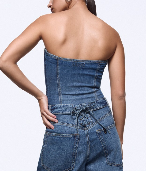 Liu Jo Structured Light Stonewash Denim Bustier Top Blauw