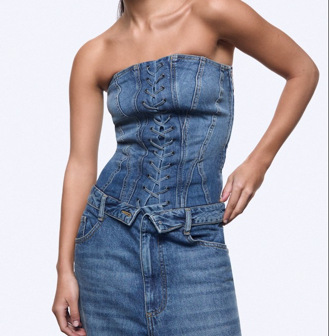 Liu Jo Structured Light Stonewash Denim Bustier Top Blauw