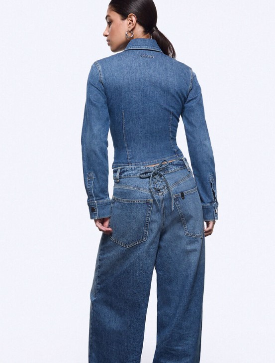 Liu Jo Light Stonewash Stretch Denim Shirt With Corset Details Blauw