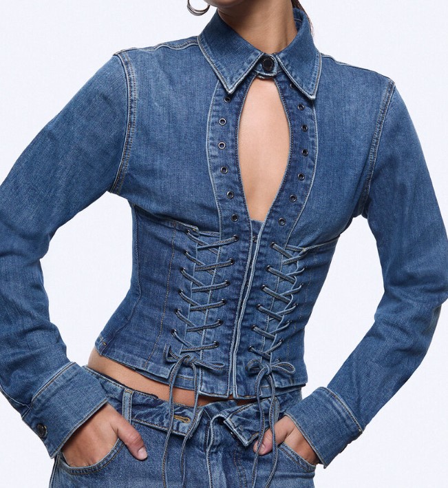 Liu Jo Light Stonewash Stretch Denim Shirt With Corset Details Blauw