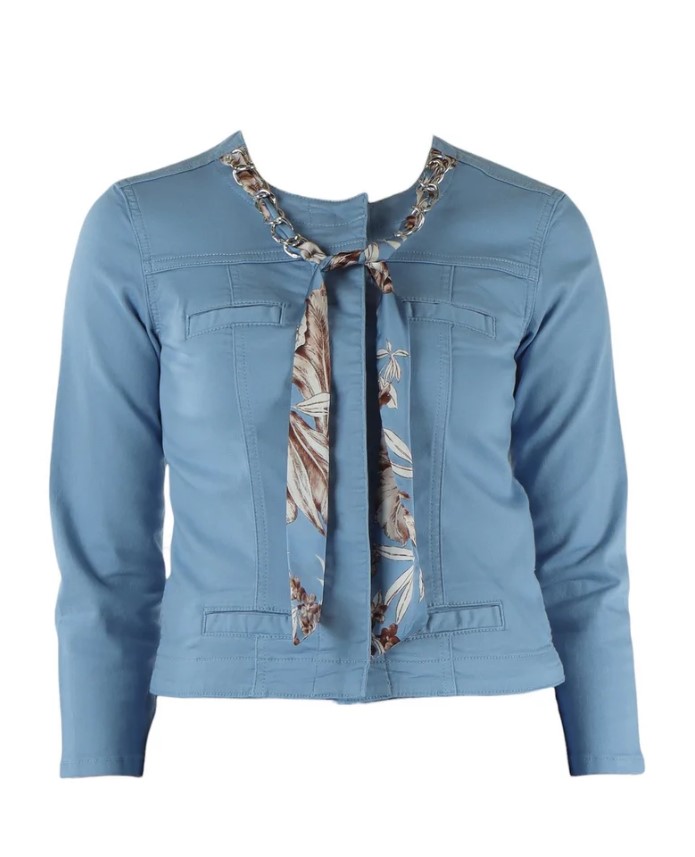 Liu Jo Three-Quarter Sleeve Blue Jacket With Floral Scarf Detail Blauw