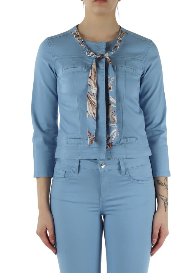 Liu Jo Three-Quarter Sleeve Blue Jacket With Floral Scarf Detail Blauw